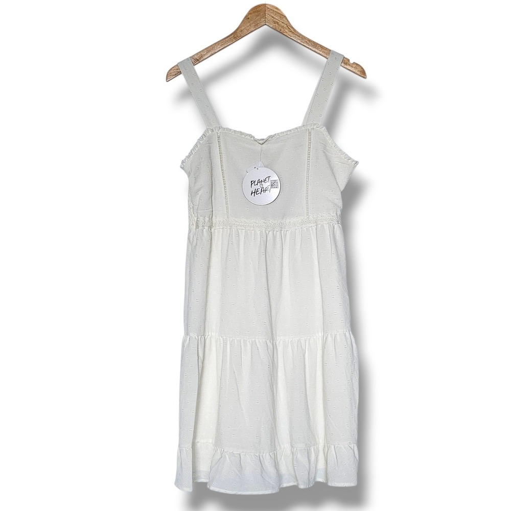 Planet Heart Dress L Off White Tiered Lace Clip Dot Peasant Prairie Cottage Boho